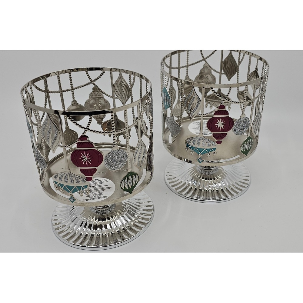 Bath & Body Works Holiday Ornament Pedestal 3-Wick Candle Holder Set of 2 Silver